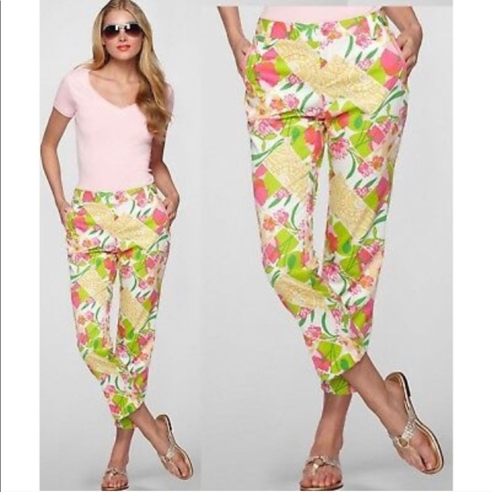 Lilly Pulitzer Floral Pants in Pink, Green, and Yellow